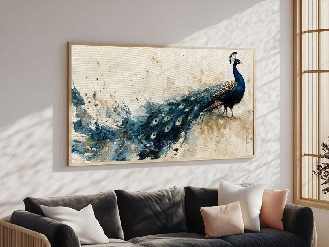 Majestic Peacock Teal Plumage Long Tail Watercolor Wildlife Art Poster - Image 4
