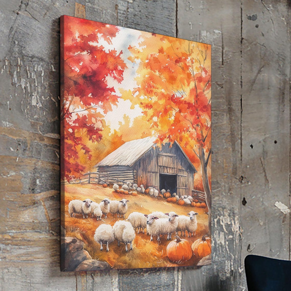 Sheep Farm In Fall With Pumpkins And Rustic Barn Scene Poster - Image 4