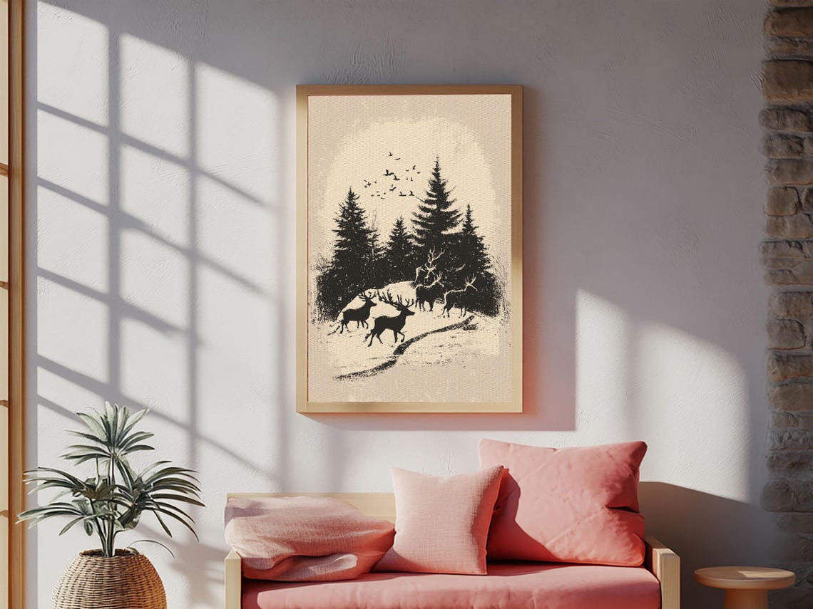Deer Silhouettes Among Snowy Pines Black Winter Forest Animal Poster