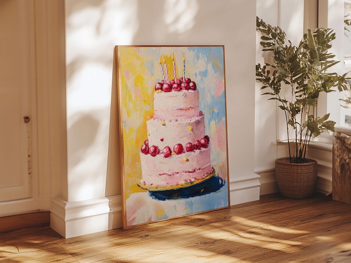 Cherry Birthday Cake With Lit Candles Colorful Oil Painting Poster - Image 3