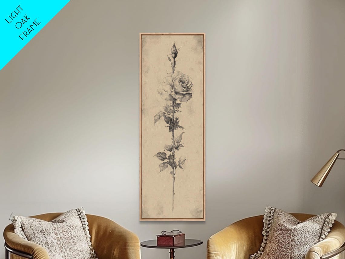 Black And White Sketch Of A Rose Framed Print Narrow Art Tall Skinny Art Flower Painting Paint Of A Rose Floral Prints - Image 6