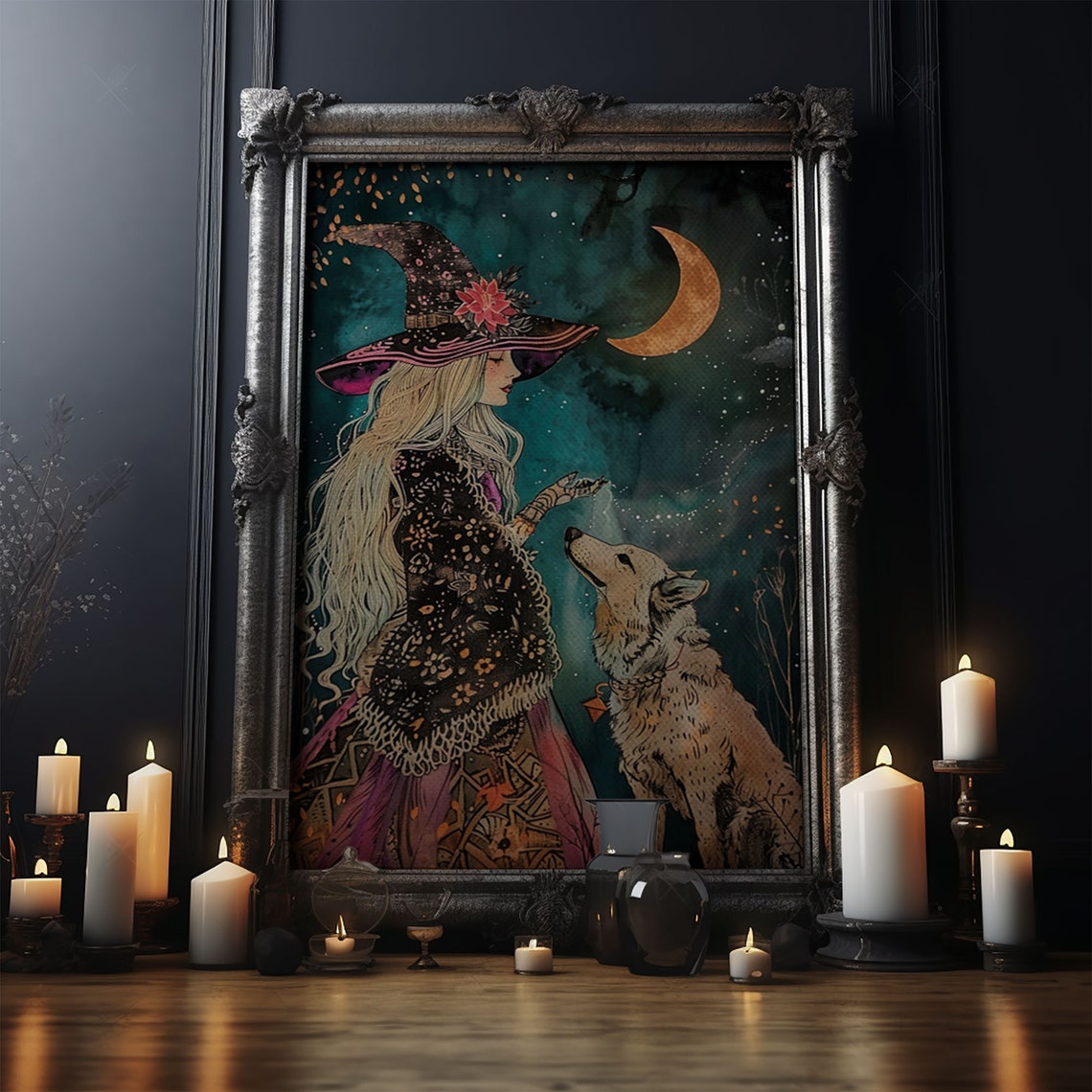 Mystical Witch With Wolf Under Crescent Moon Starry Night Poster - Image 5