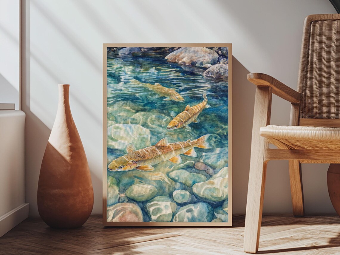 Gentle Swimming Trout Rustic Living Room Art Print