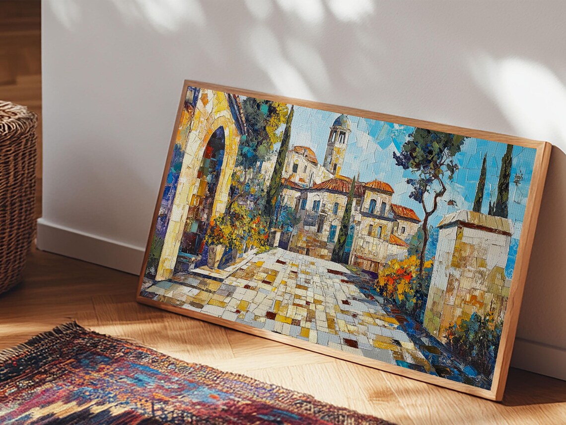 Mediterranean Village Mosaic Colorful Coastal Old Town Travel Poster - Image 3