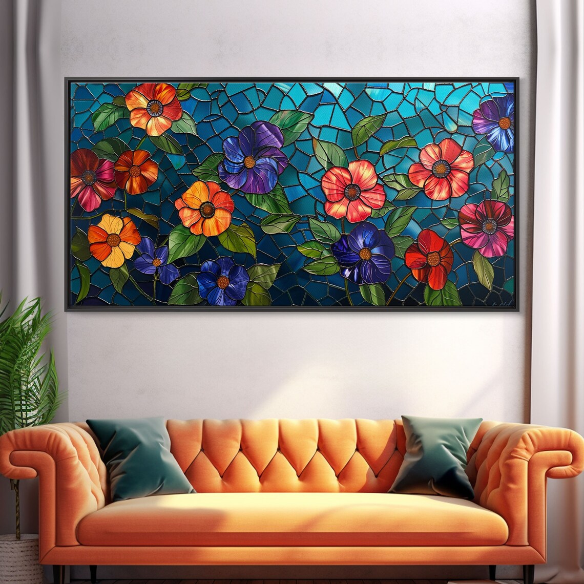 Stained Glass Flowers Turquoise Mosaic Colorful Blooms Wall Art Poster - Image 4