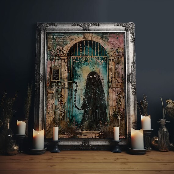 Shadow Ghost Glowing Eyes Locked Iron Gate Spooky Art Poster