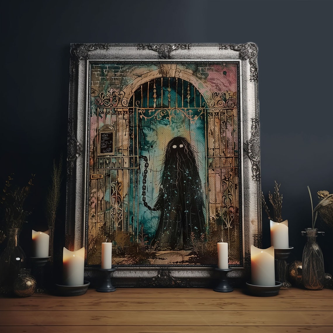 Shadow Ghost Glowing Eyes Locked Iron Gate Spooky Art Poster