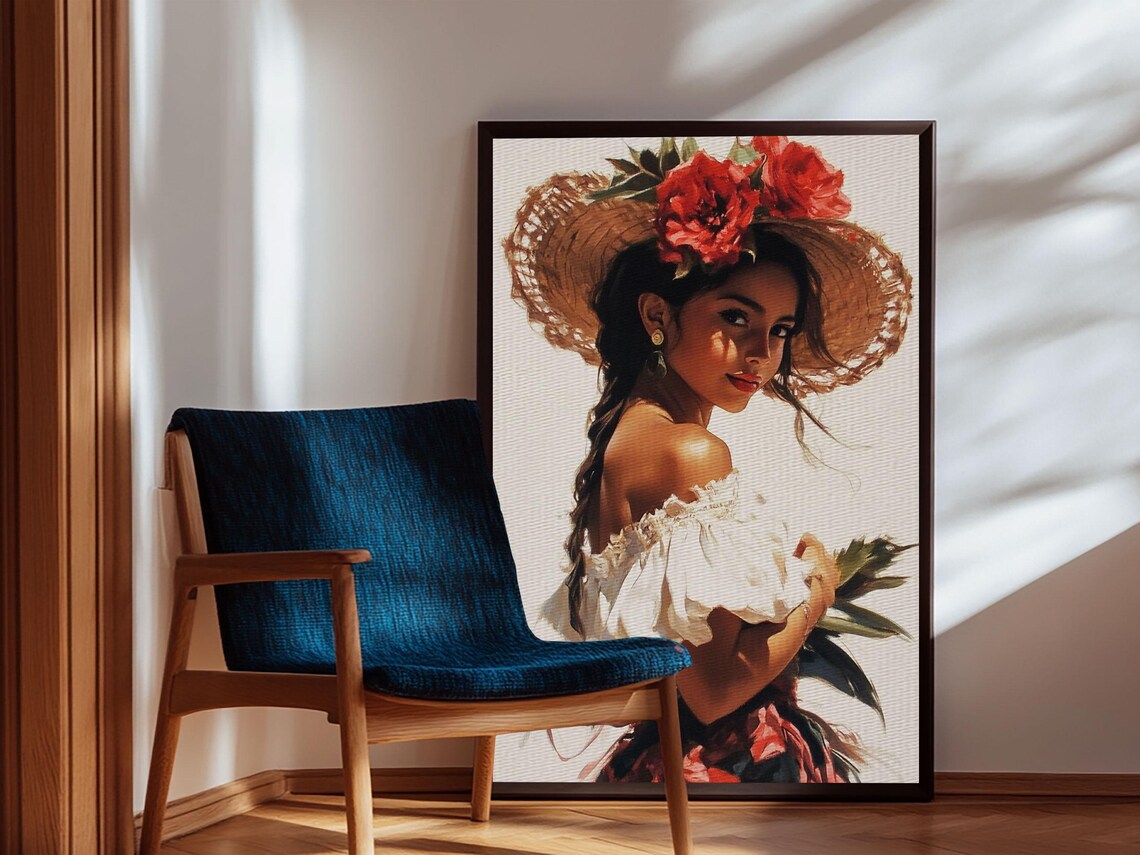 Latina Woman Straw Hat Red Flowers Portrait Mexican Wall Art Poster