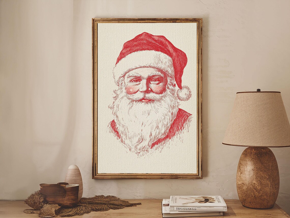 Retro Santa Claus Portrait Red Line Art Christmas Holiday Wall Poster - Image 6