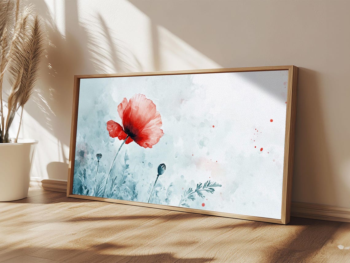 Single Red Poppy Watercolor Minimalist Floral Botanical Wall Poster - Image 6