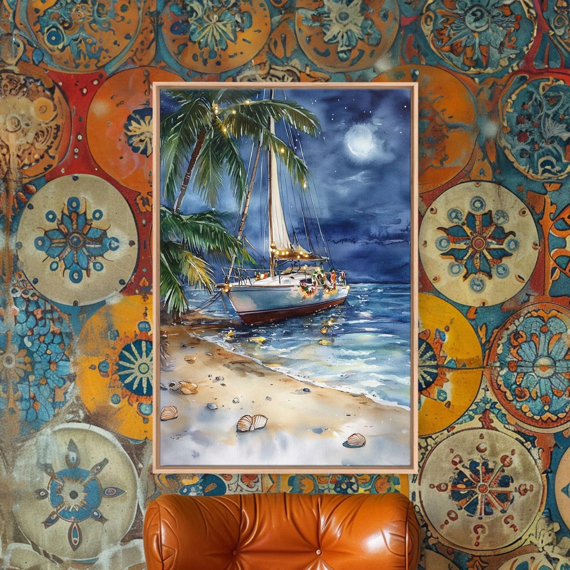 Sailboat On Tropical Beach At Night Moonlit Christmas Lights Poster - Image 5