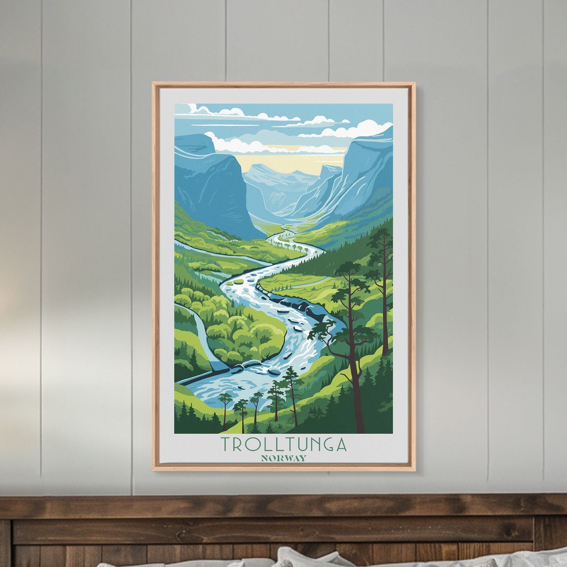 Trolltunga Norway Blue Mountain Valley Winding River Retro View Poster - Image 2