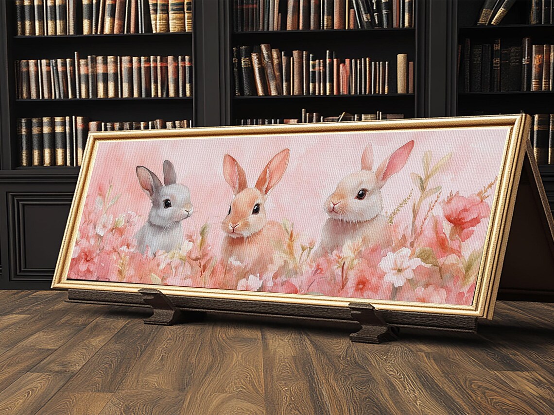 Bunny Trio Pink Floral Field Watercolor Spring Nursery Wall Art Poster - Image 6