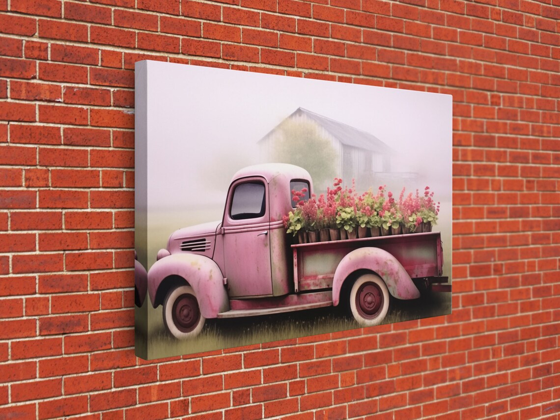 Pink Vintage Pickup Truck With Flowers Misty Barn Farmhouse Art Print - Image 2