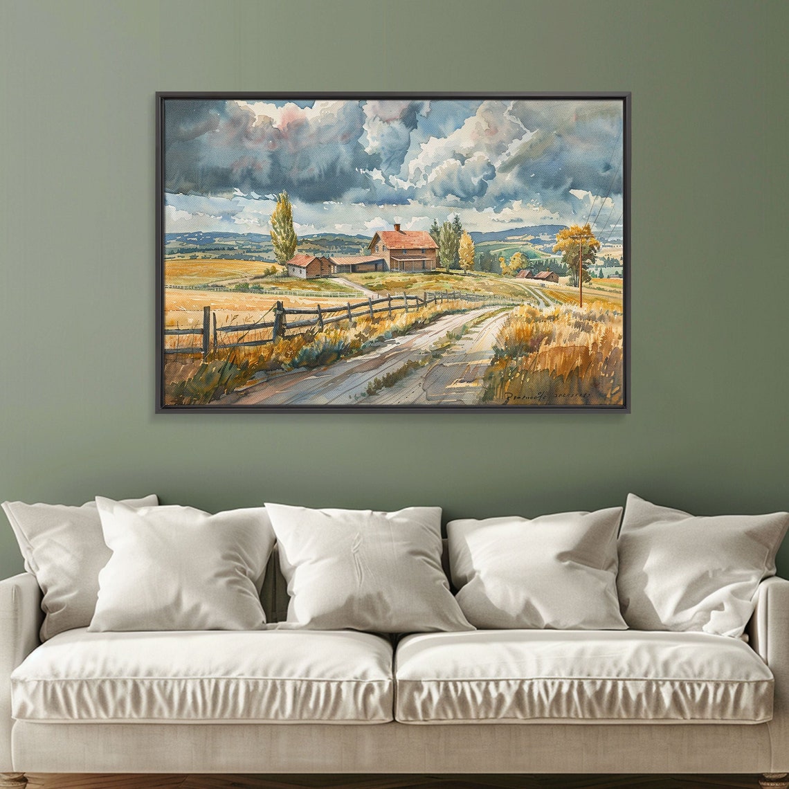 Watercolor Farm Road Red Barns Split Rail Fence Storm Clouds Poster - Image 6