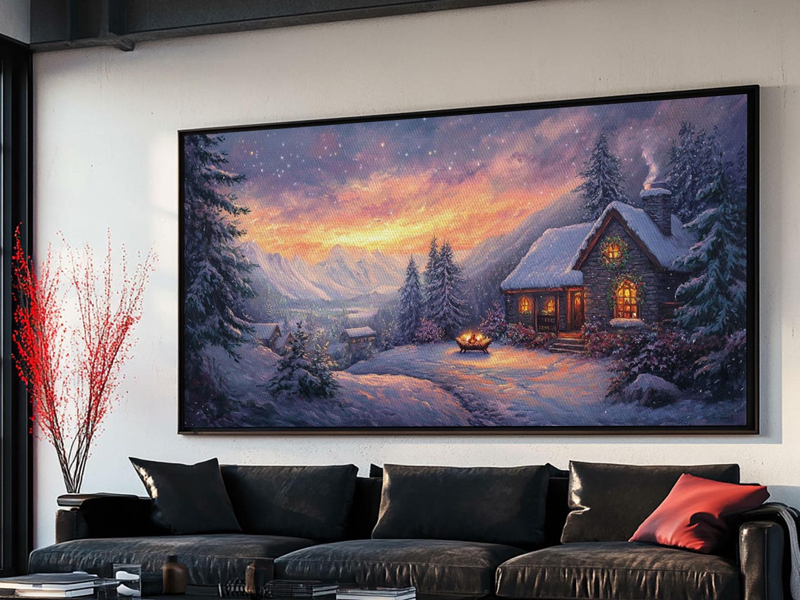 Snowy Mountain Cabin At Sunset With Fire Pit Winter Scene Poster