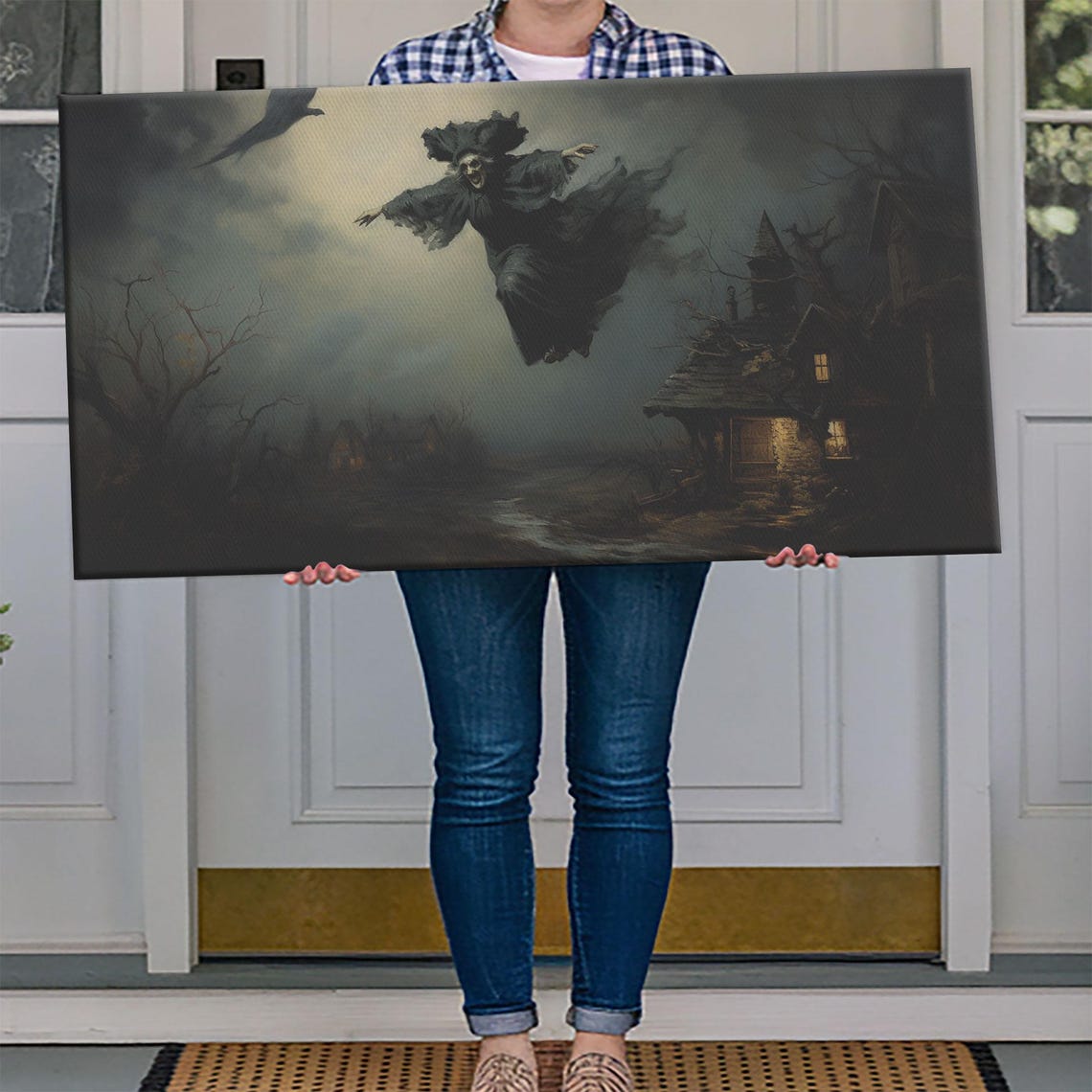 Witch Flying on Broomstick Over Village Night Stormy Sky Art Poster - Image 4