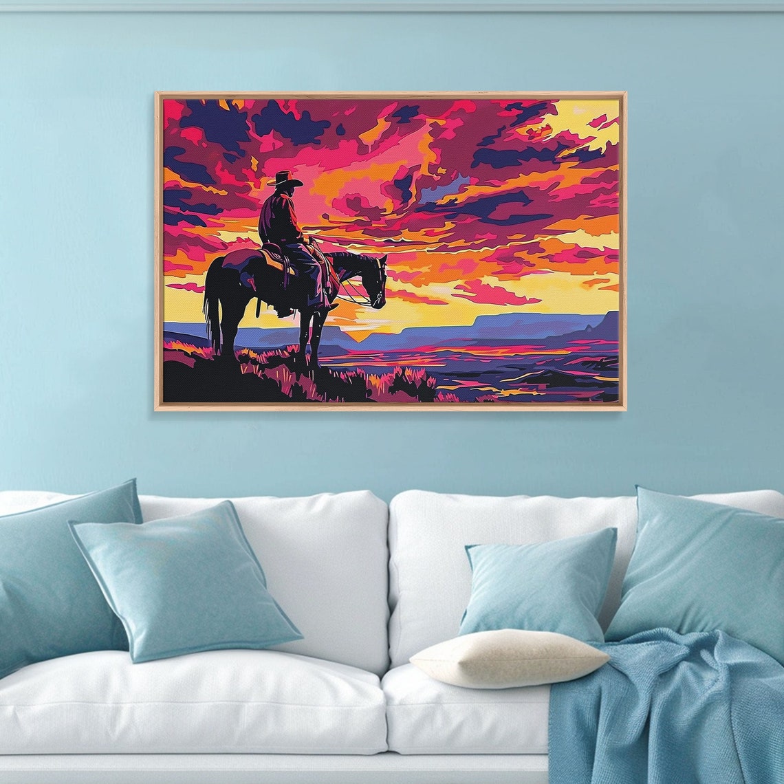 Wild West Cowboy at Sunset Neon Pop Art Horse Silhouette Art Poster - Image 5
