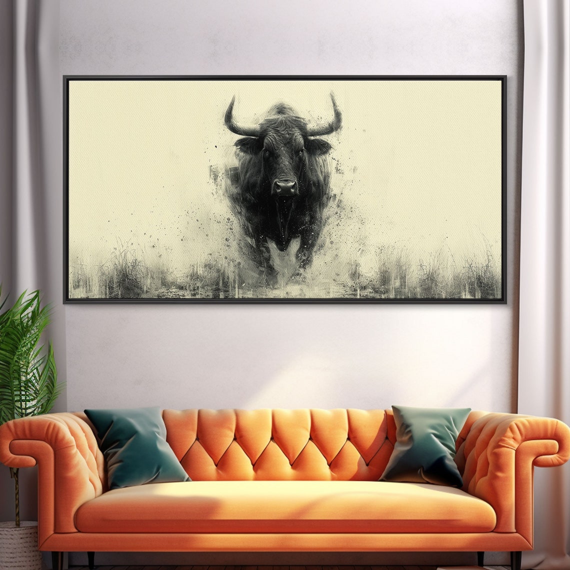 Charging Black Bull Ink Sketch Dramatic Western Style Poster - Image 5
