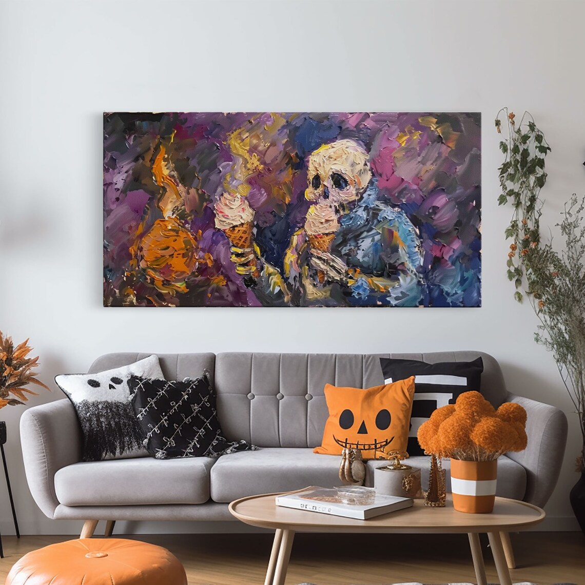 Funny Skeleton Eating Two Ice Cream Cones Impressionist Spooky Wall Art - Image 6