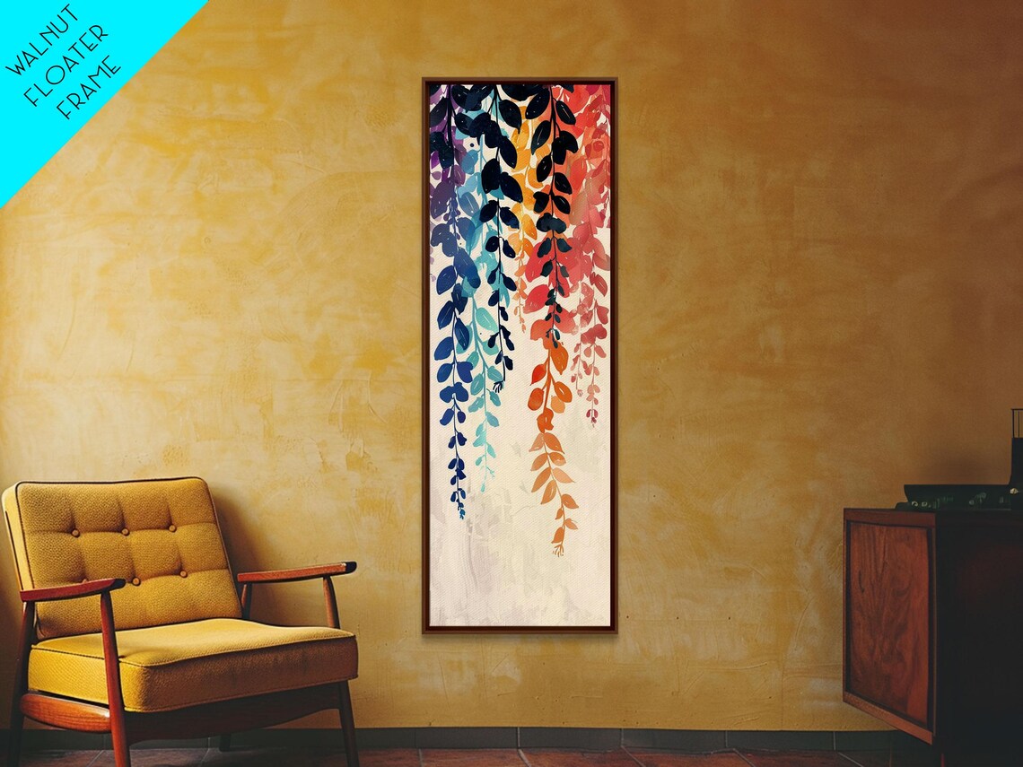 Colorful Hanging Leaves Branches Blue Red Orange Watercolor Art Poster