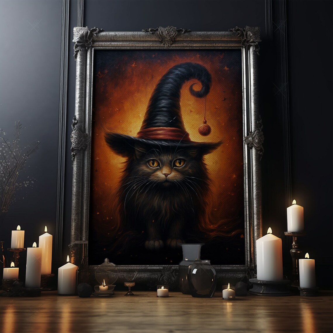 Black Cat Familiar In Tall Witch Hat Fiery Orange Halloween Print - Image 4
