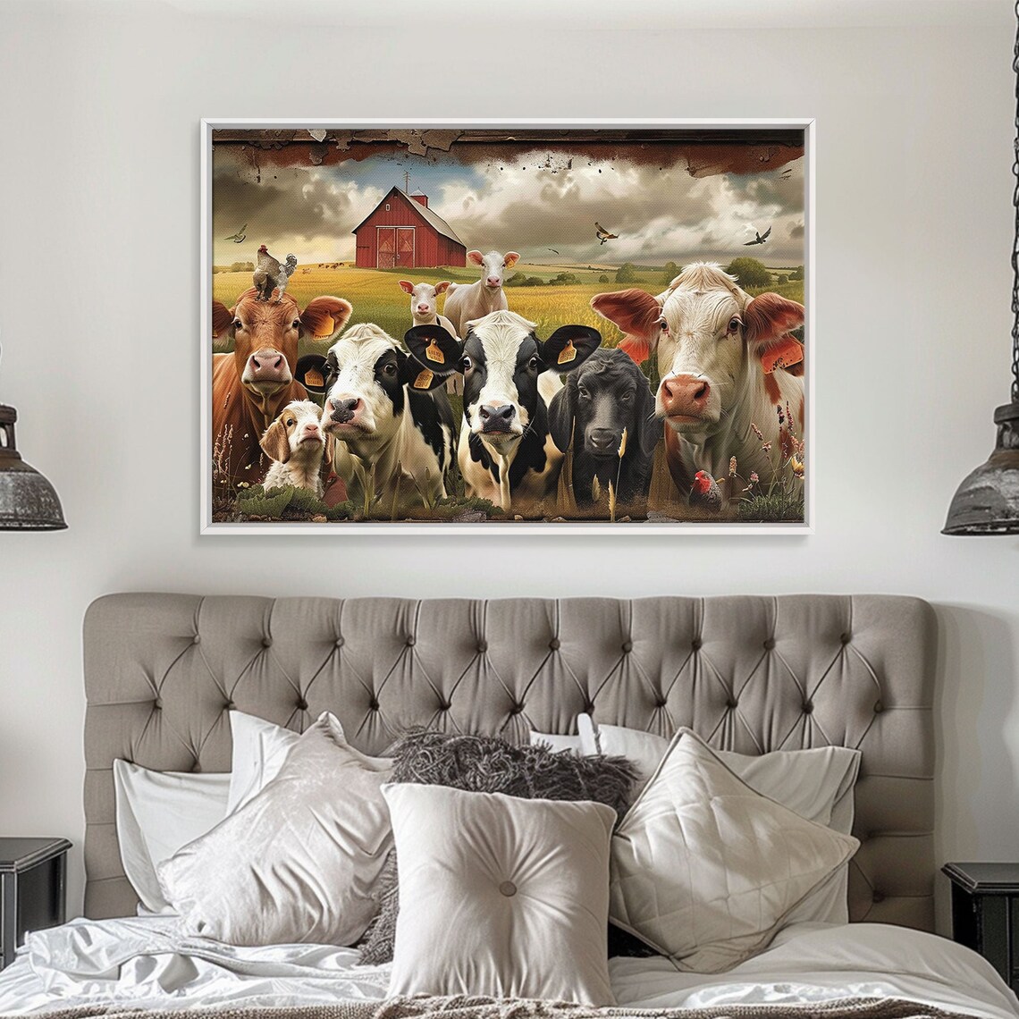 Cute Cow Herd Red Barn Farm Animal Faces Rustic Countryside Wall Art - Image 4