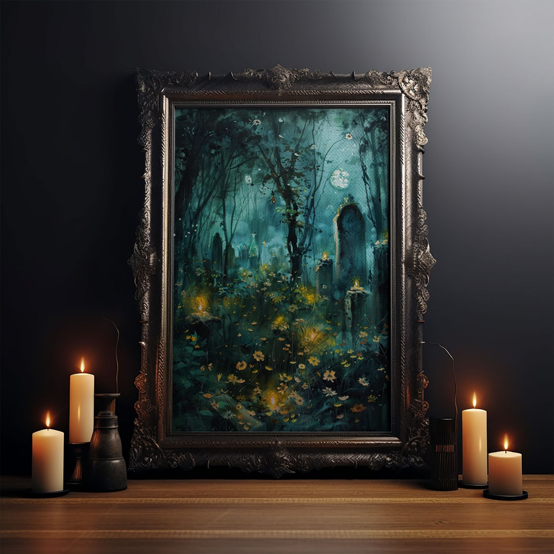 Haunted Forest Cemetery Moonlit Wildflowers Spooky Art Poster - Image 3