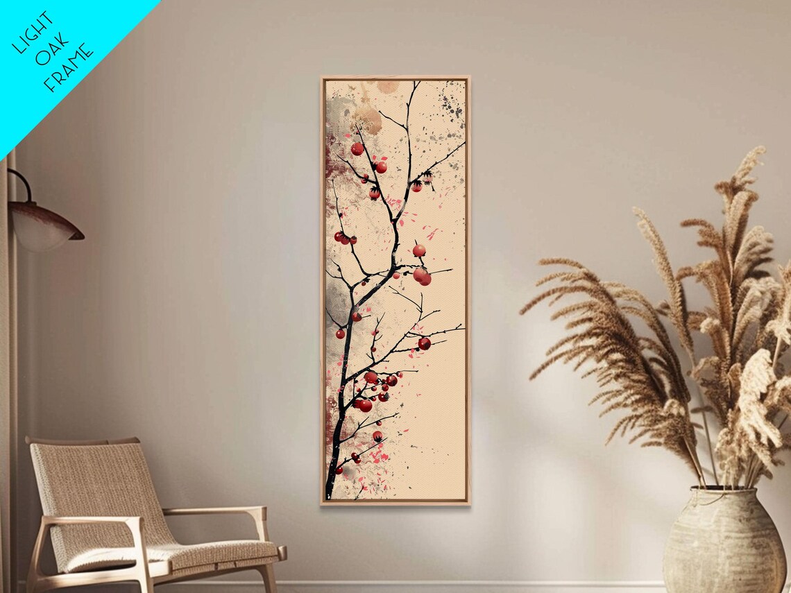 Minimalist Red Berry Branch Ukiyo E Ink Wash Japanese Poster - Image 4