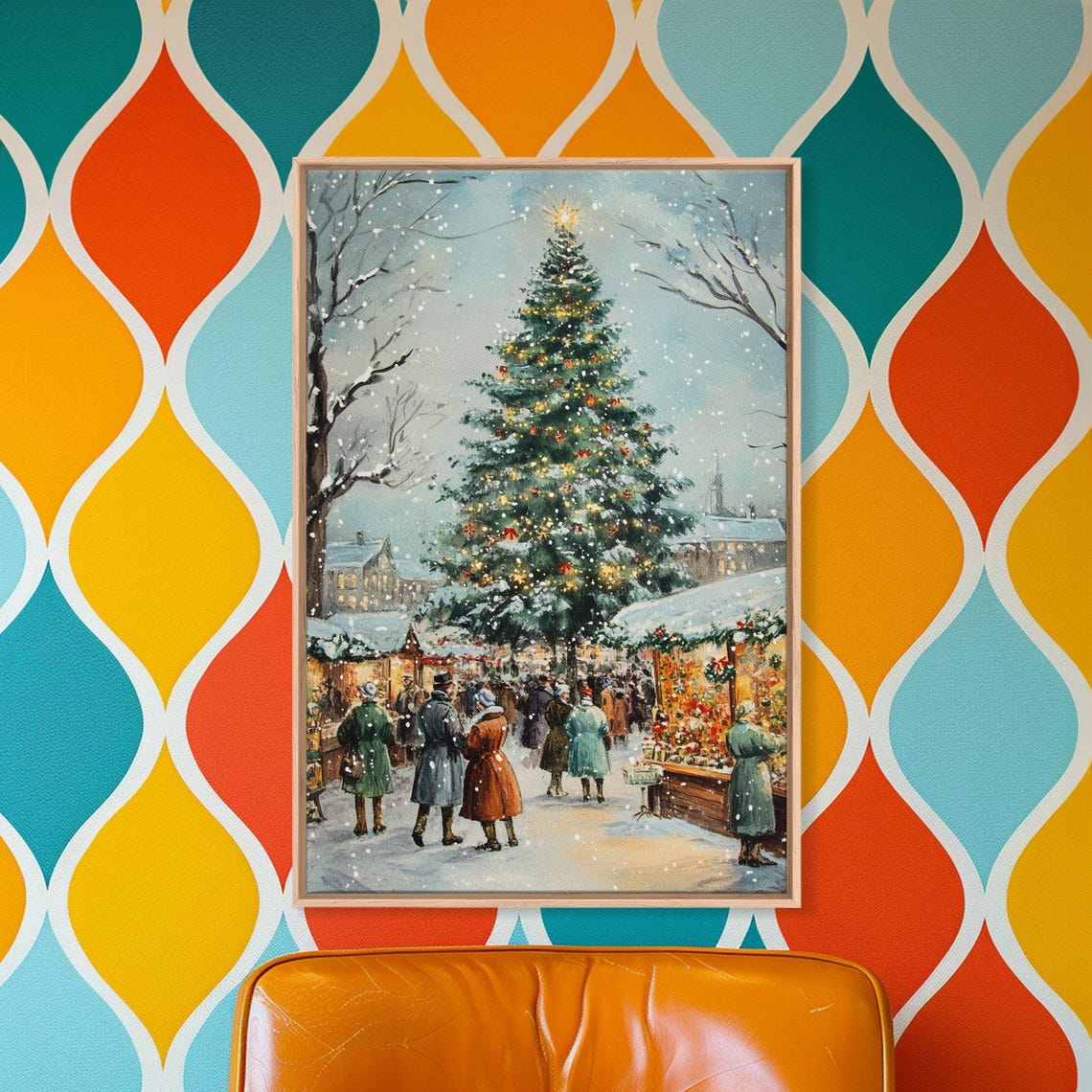 Snowy Christmas Market Tree With Decorated Stalls Night Poster - Image 5