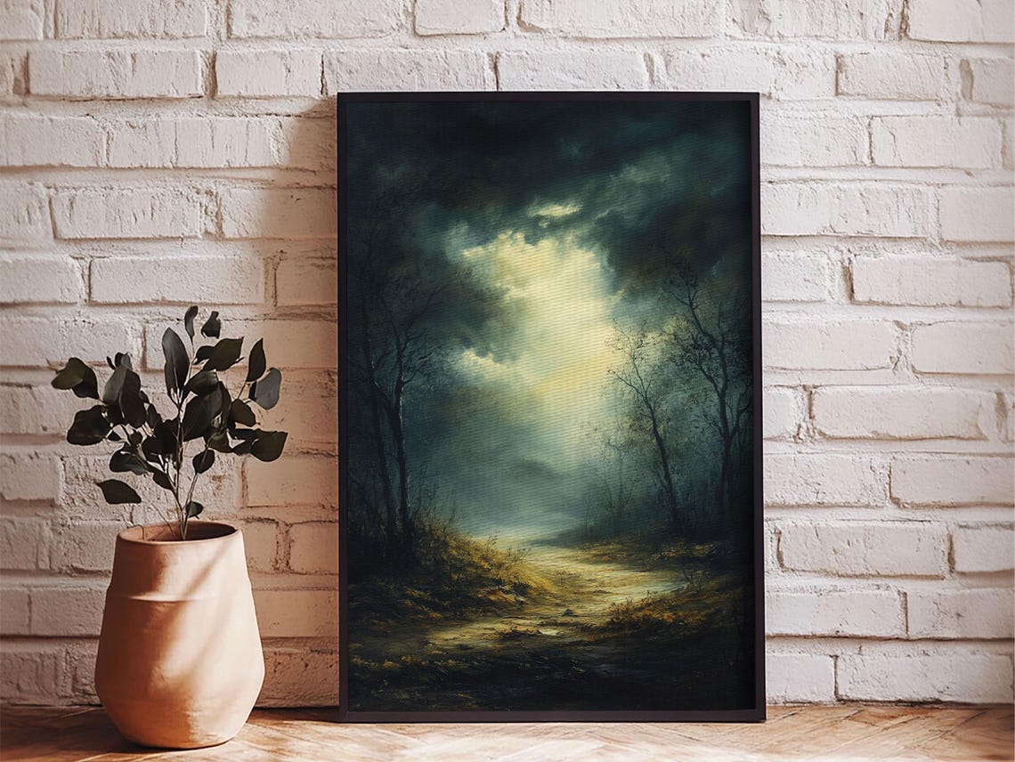 Dark Forest Dusk Misty Path Moonlit Moody Landscape Painting Poster - Image 4