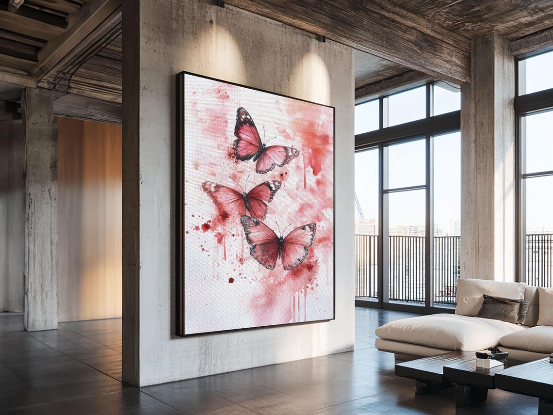 Three Pink Butterflies Watercolor Whimsical Botanical Art Print - Image 3