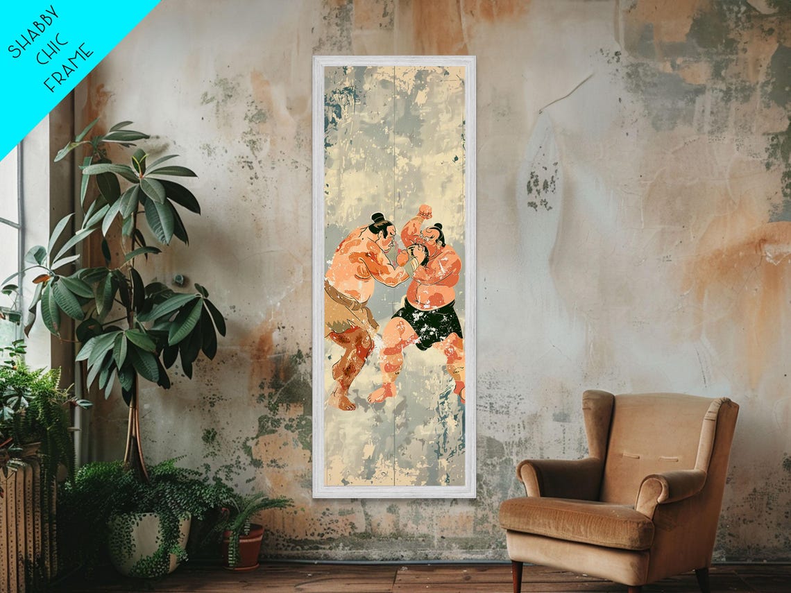 Two Sumo Wrestlers In Action Vintage Japanese Vertical Art Print