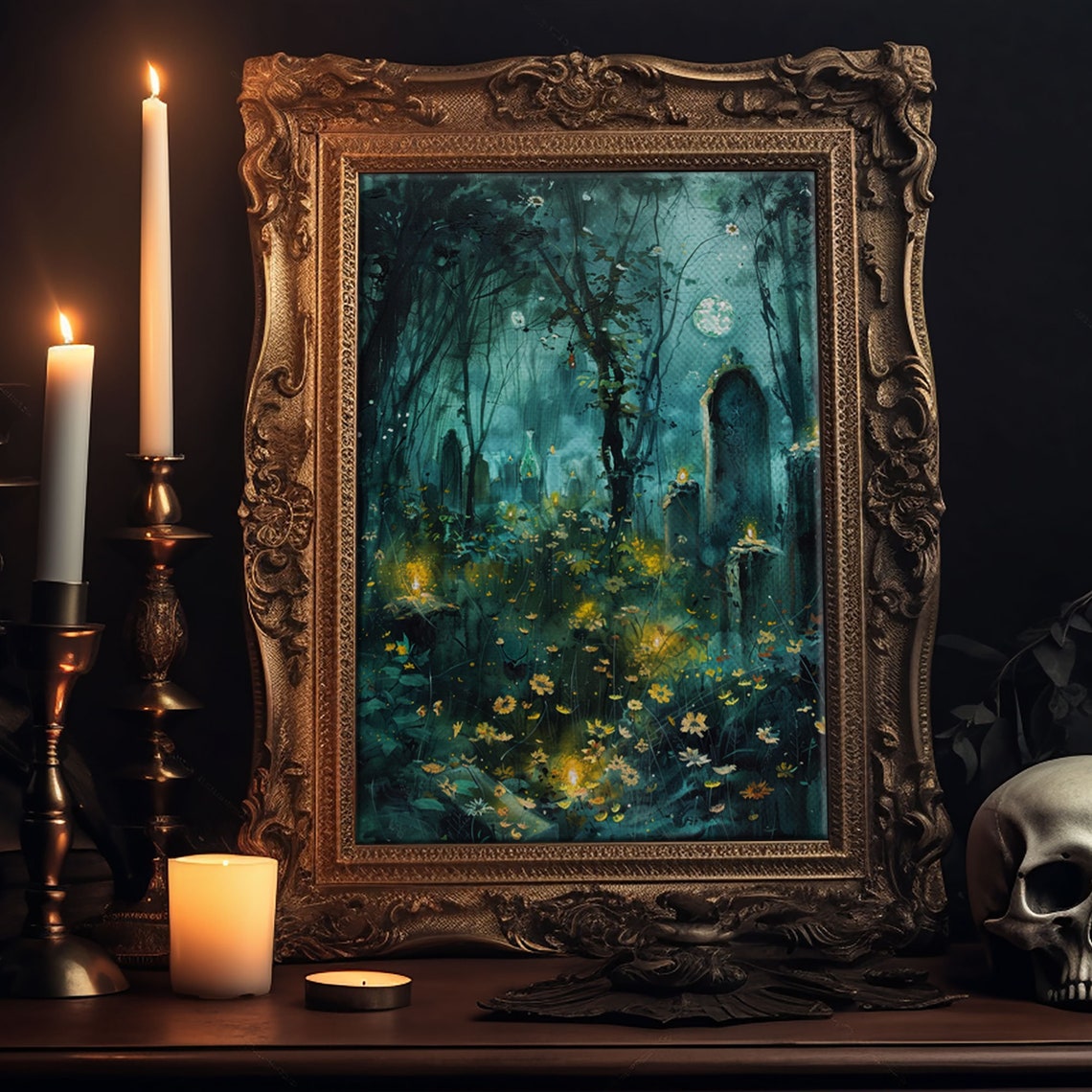Haunted Forest Cemetery Moonlit Wildflowers Spooky Art Poster - Image 6