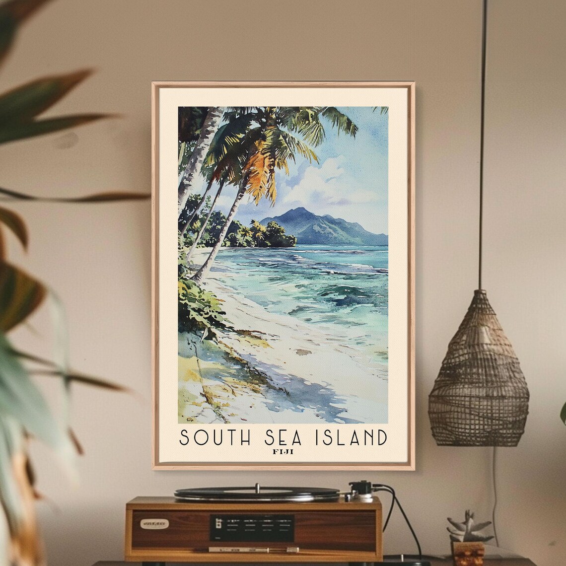 South Sea Island Fiji Leaning Palms Turquoise Lagoon View Poster - Image 3