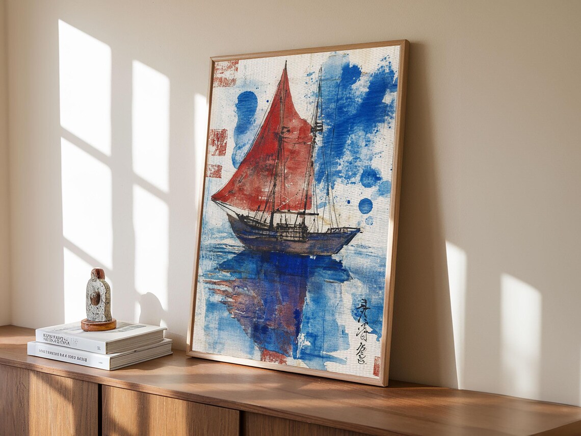 Japanese Sailboat With Red Sails Blue Watercolor Nautical Art Poster - Image 2