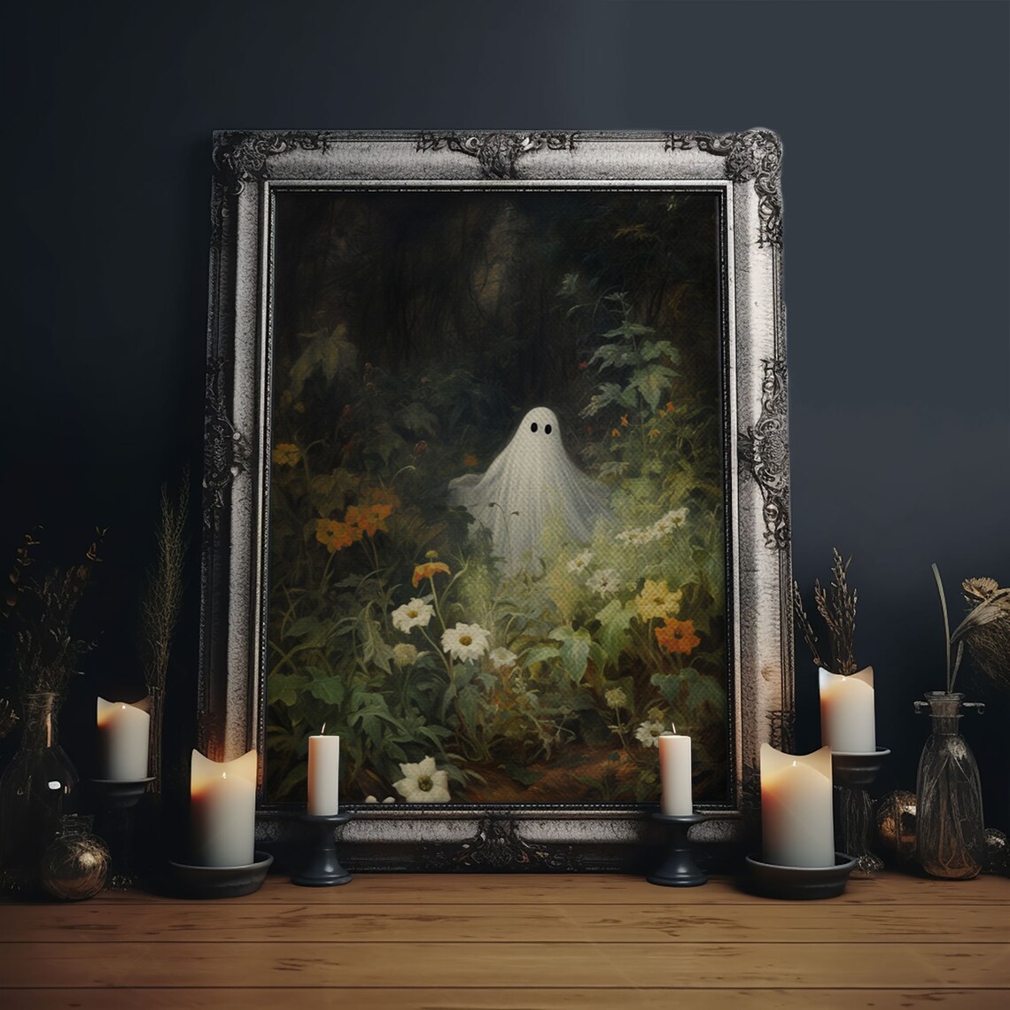 Little Ghost Among Wildflowers In Dark Enchanted Forest Wall Art - Image 6