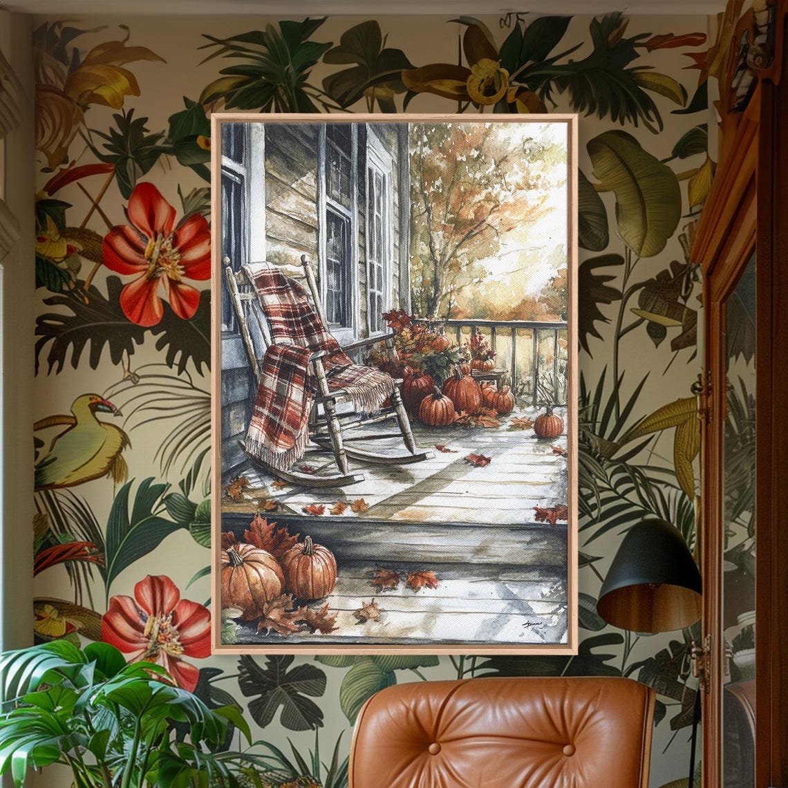 Fall Rocking Chair Porch Pumpkins Plaid Blanket Watercolor Wall Art - Image 3