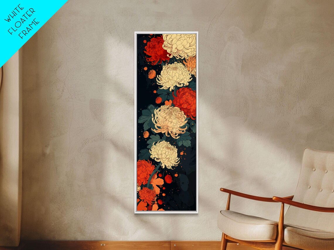 Blooming Chrysanthemums Rich Red Cream Dark Tall Floral Art Print