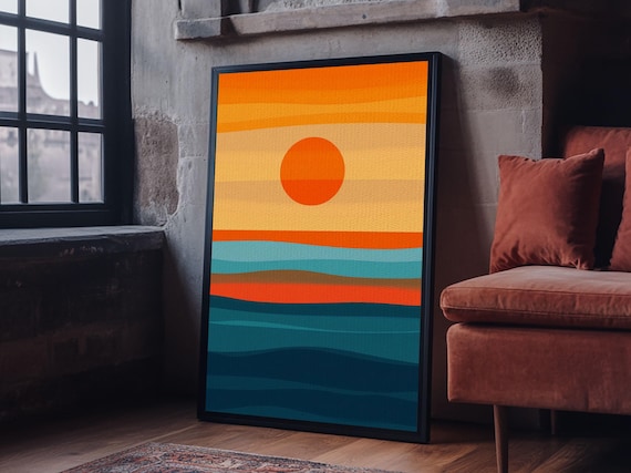 Minimalist Retro Sunset Over Ocean Waves Orange Teal Art Poster