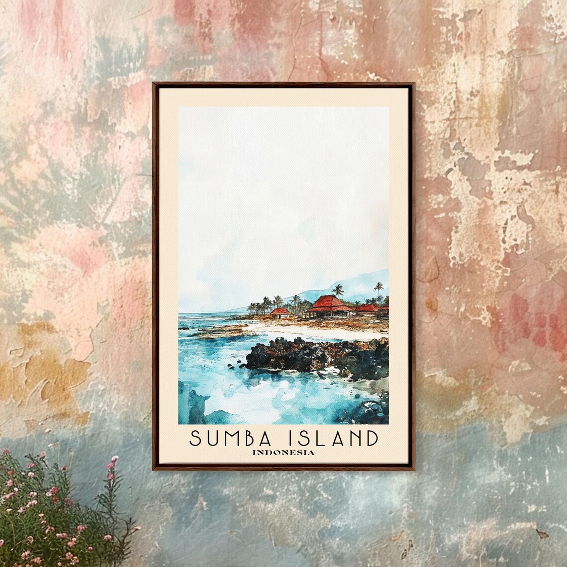 Sumba Island Indonesia Rocky Coast Red Roof Huts Palm Trees Poster - Image 4