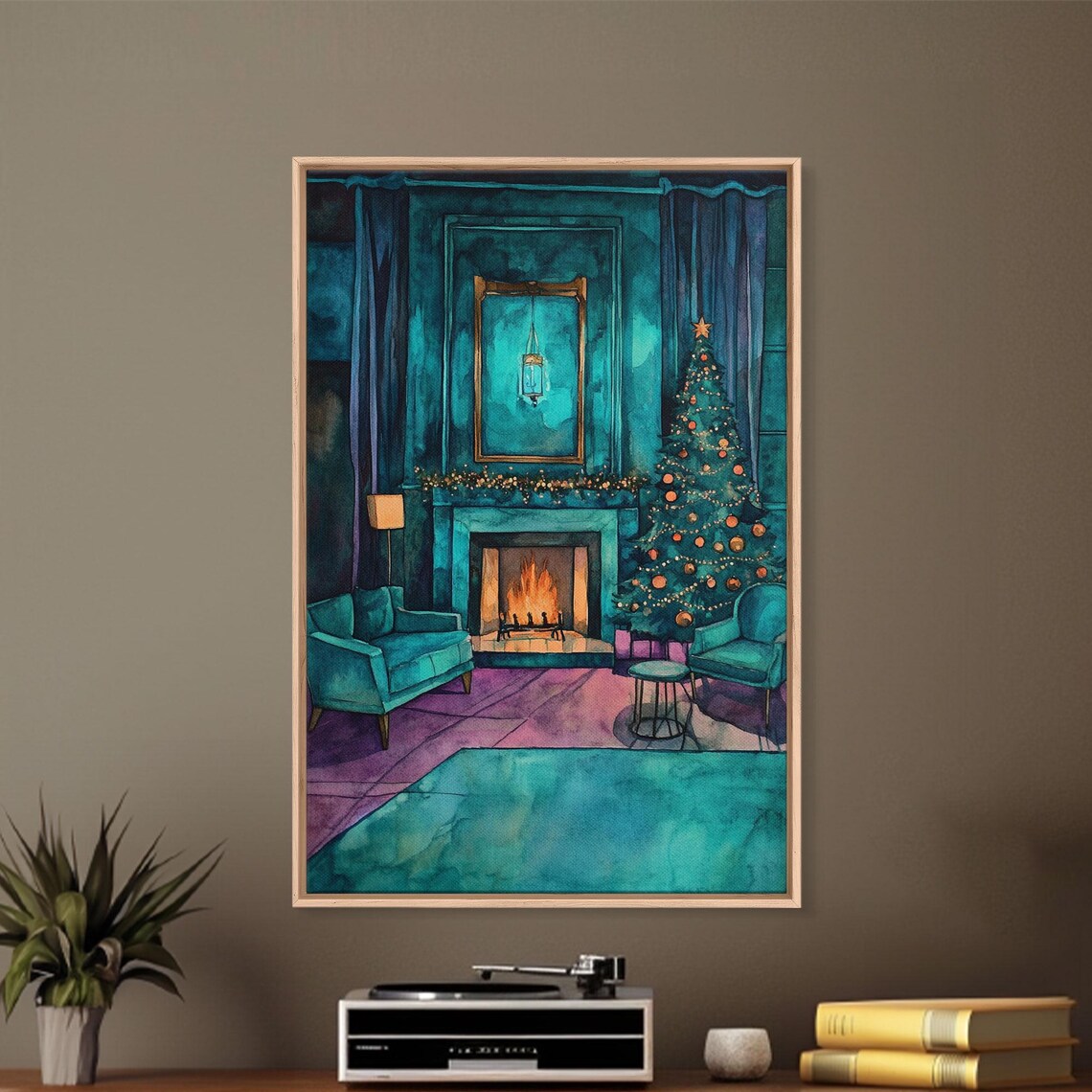 Elegant Teal Living Room With Christmas Tree And Fireplace Poster
