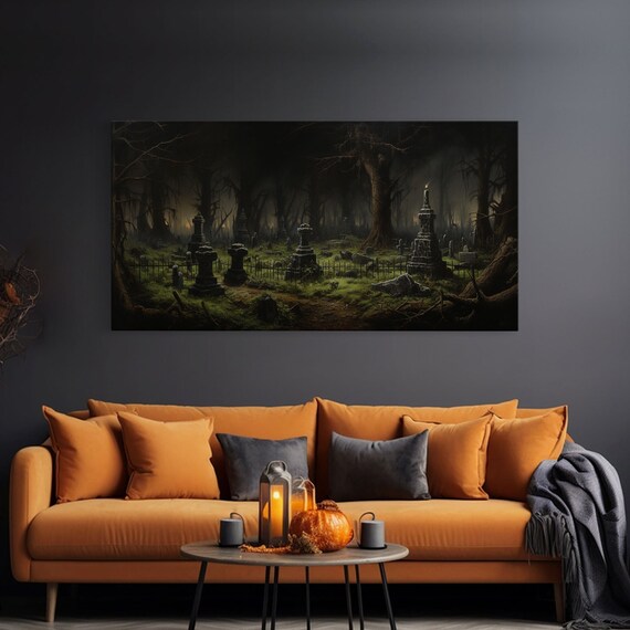 The Haunted Cemetery Moody And Gloomy Art Framed Or Poster Victorian Oil Painting Dark Academia Graveyard At Midnight