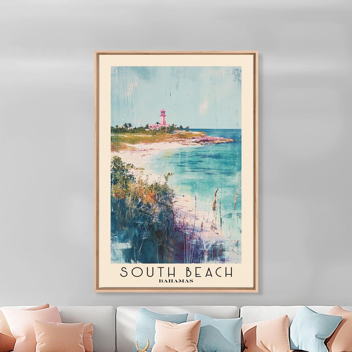 South Beach Bahamas White Sand Pink Lighthouse Turquoise Water Poster - Image 2