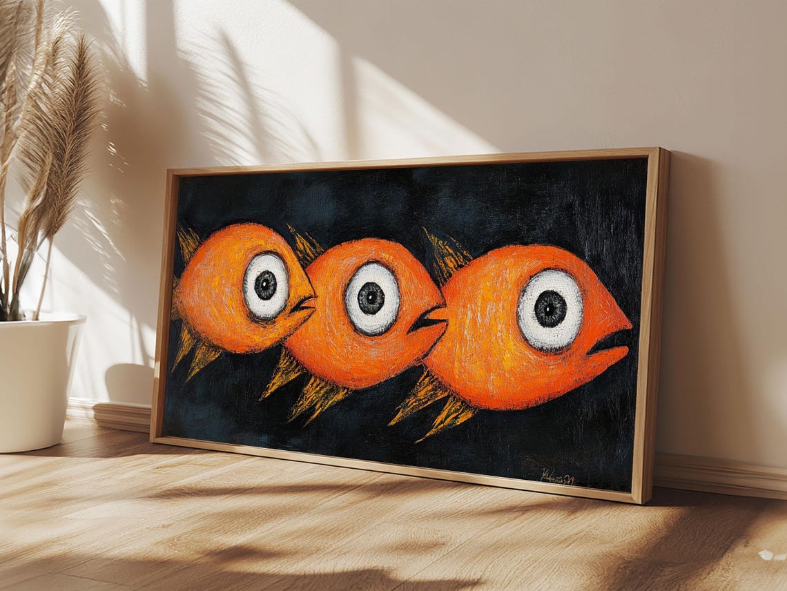 Whimsical Three Orange Goldfish Big Eyed Folk Art Painting Wall Poster - Image 3