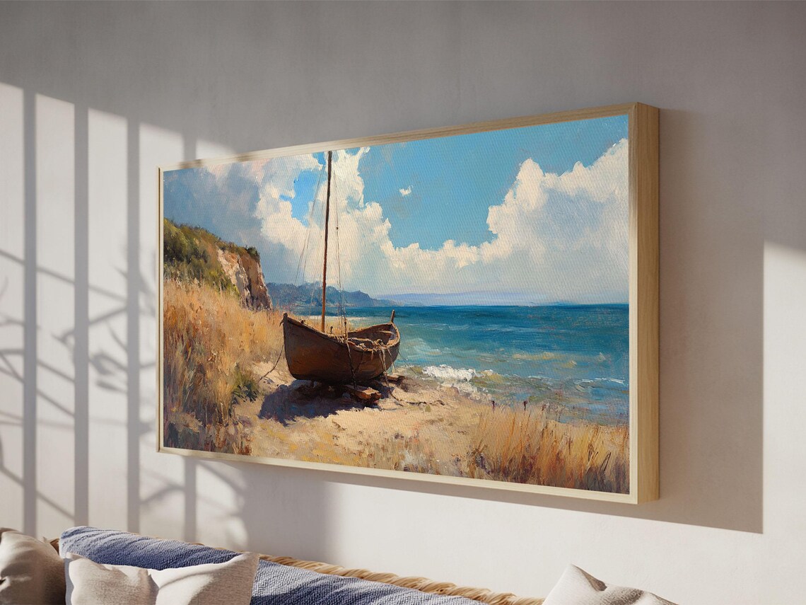 Wooden Sailboat Beached Coastal Shore Blue Sea Painting Travel Poster - Image 2
