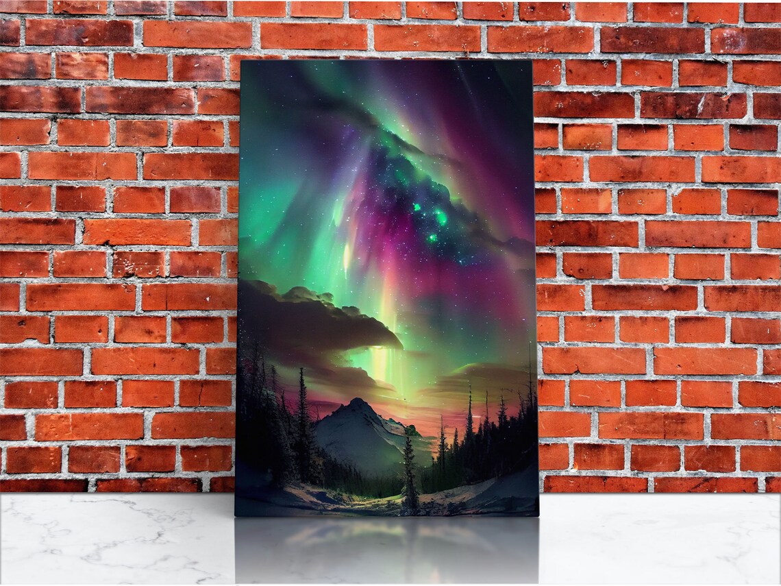 Aurora Borealis Northern Lights Art Print, Mountain Landscape - Image 2