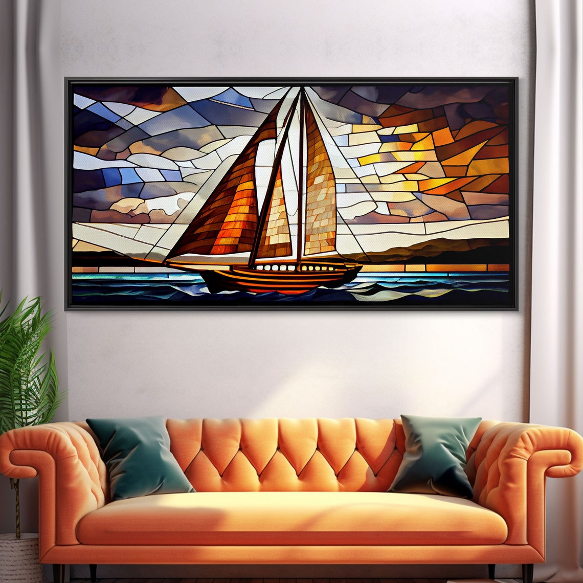 Art Deco Stained Glass Sailing Ship Golden Sails Ocean Wave Art Poster - Image 5