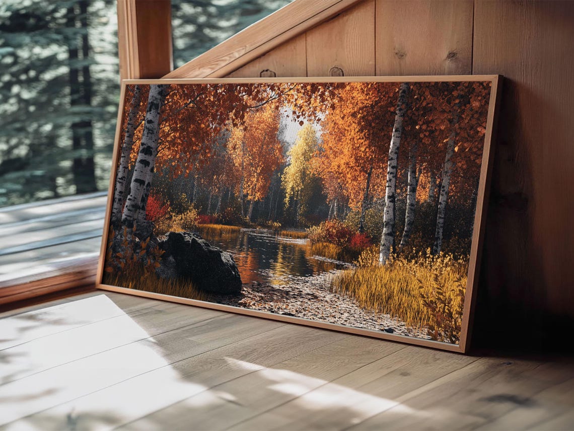 Fiery Autumn Birch Grove Reflecting Pond Orange Foliage Poster - Image 4