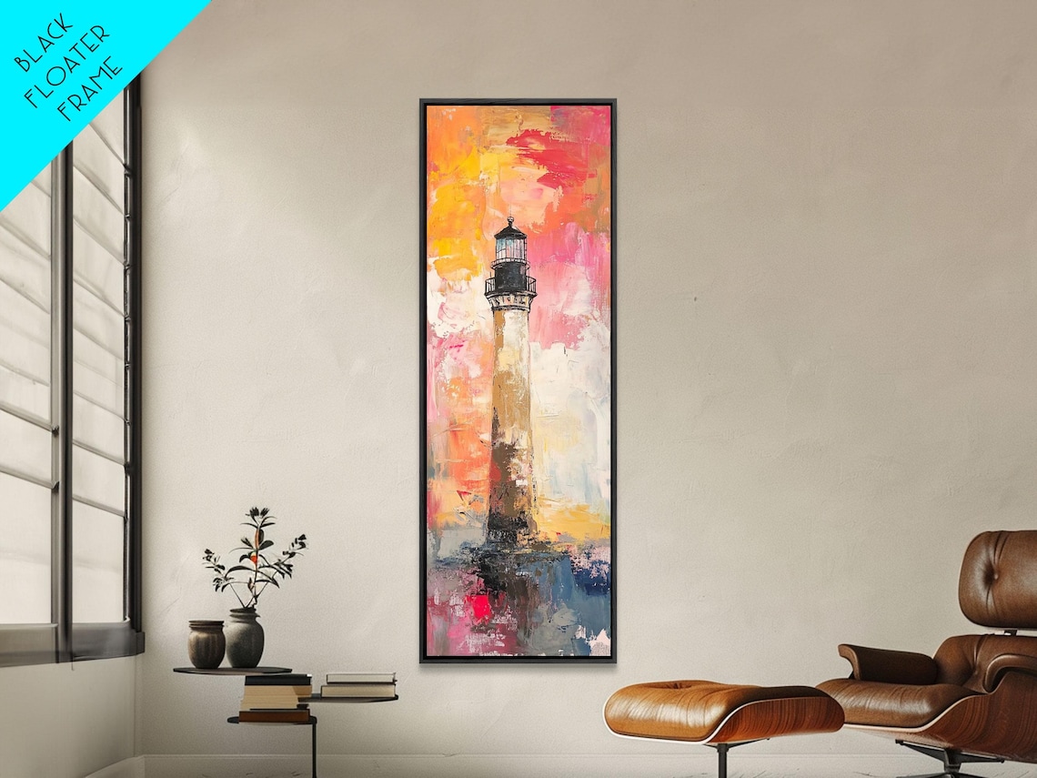 Abstract Lighthouse Painting Pink Orange Sunset Coastal Art Poster